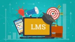 Illustration of a computer surrounded by imagery that represents a learning management system (LMS).