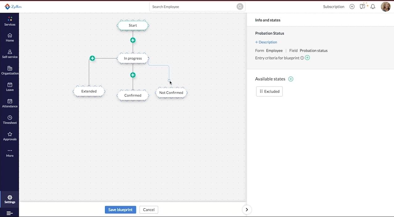 The Zoho People platform displays a feature for building custom workflow automations.