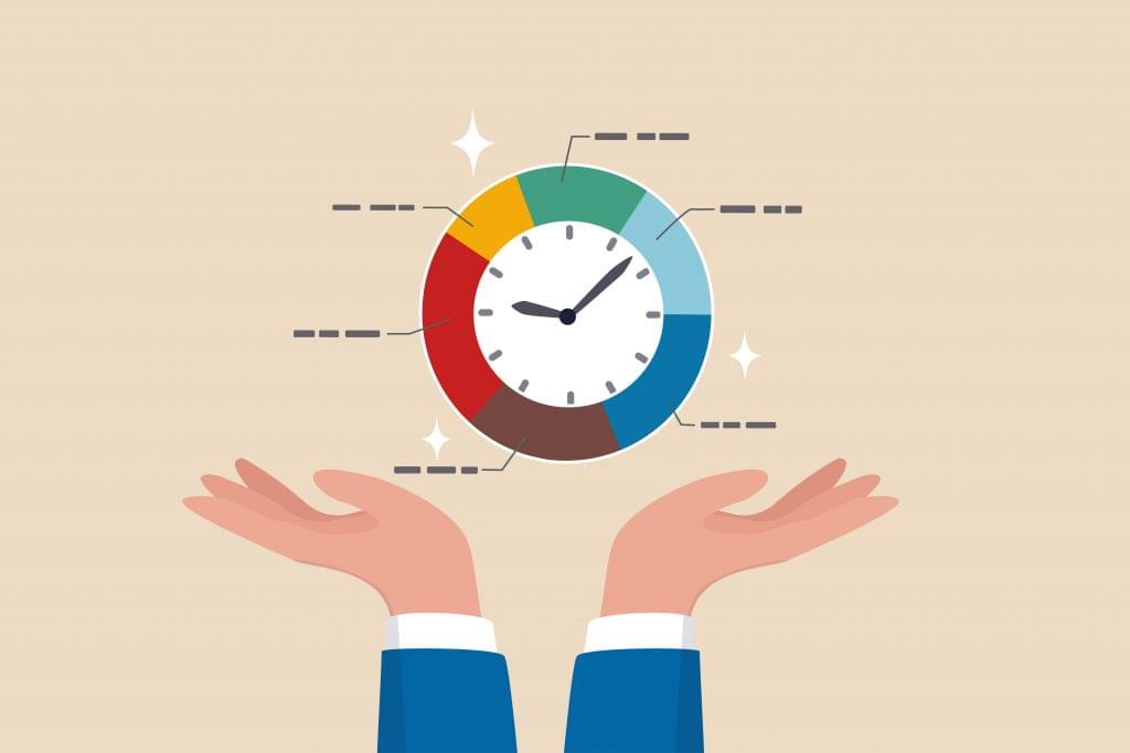 Time management, project plan schedule, deadline or work efficiency, urgency or strategy to finish work in time, productivity or appointment concept, businessman hand holding pie chart with clock.