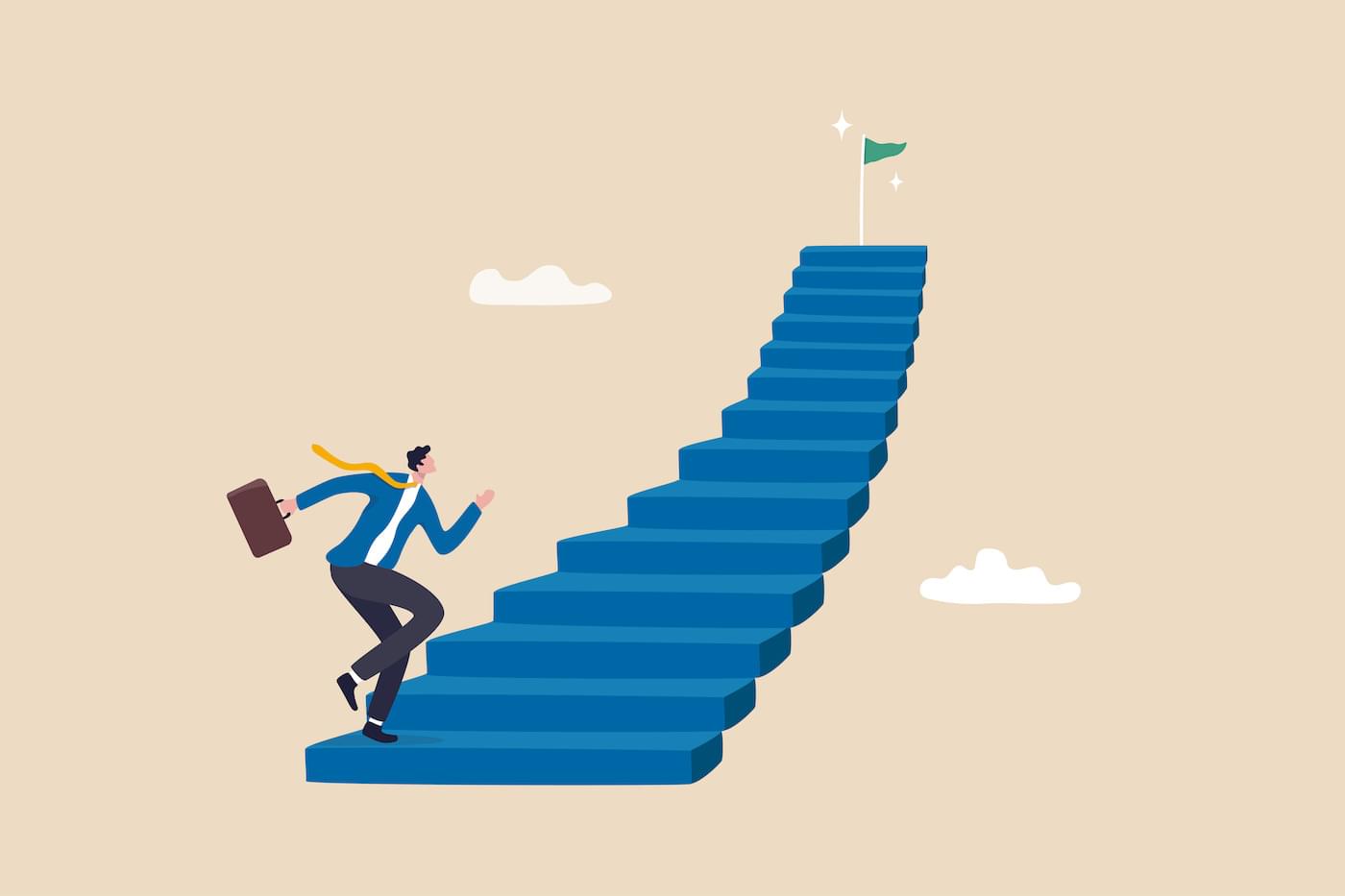 Illustration of business person climbing a set of stairs to reach a green flag. Represents a performance improvement plan.