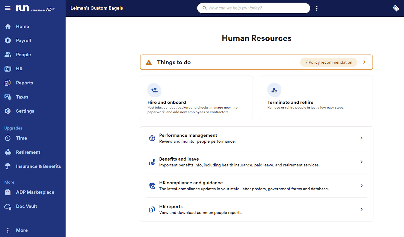ADP RUN displays an action list in the Human Resources hub.