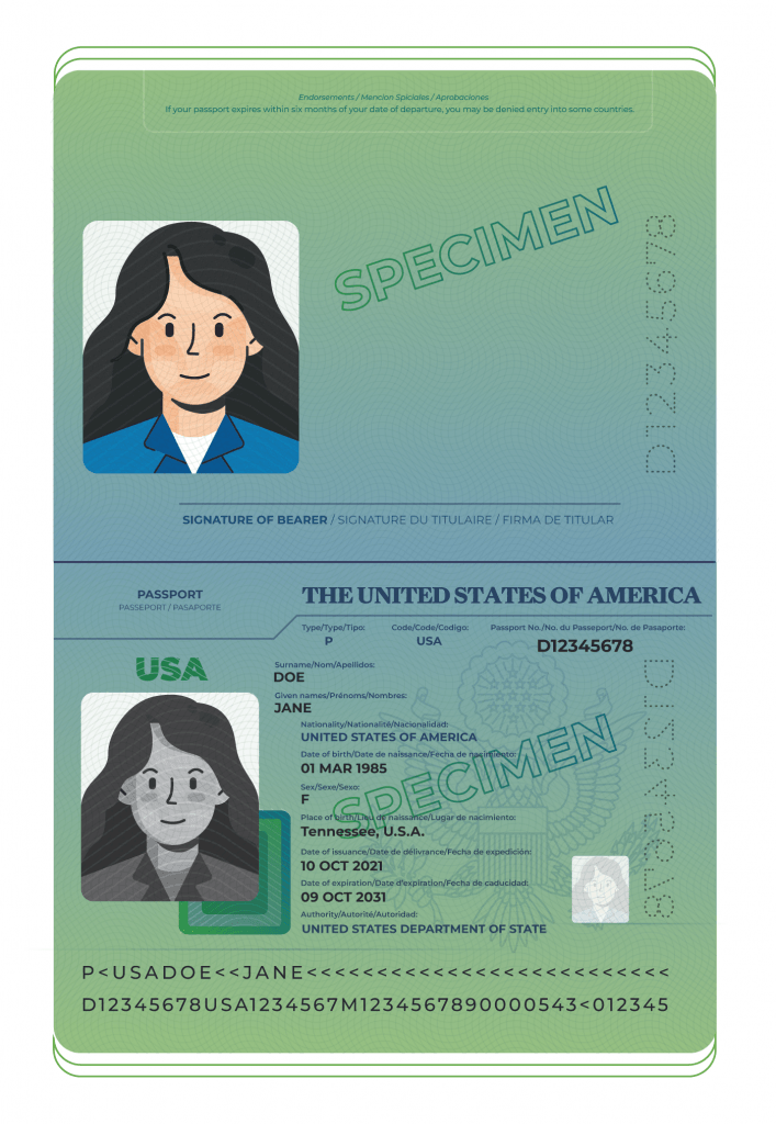 U.S. Passport with picture, passport number, issue date, expiration date, and demographic information for Jane Doe.