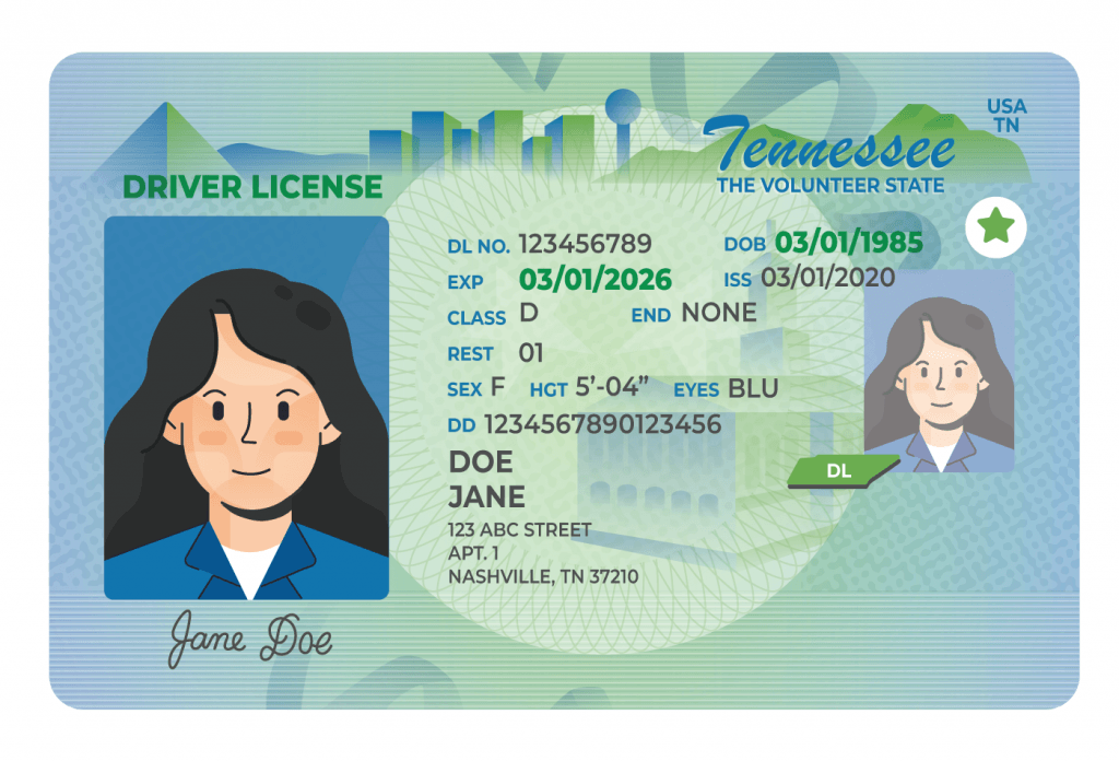 Tennessee driver license with picture, driver license number, issue date, expiration date, and demographic information for Jane Doe.