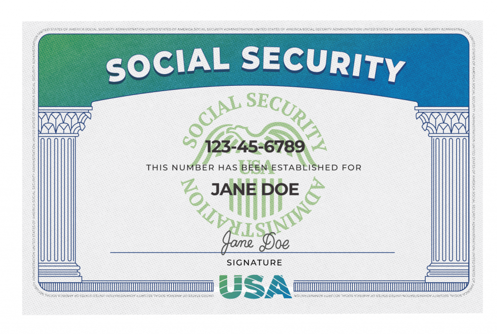 Social Security Card with Social Security Number and Jane Doe's name.