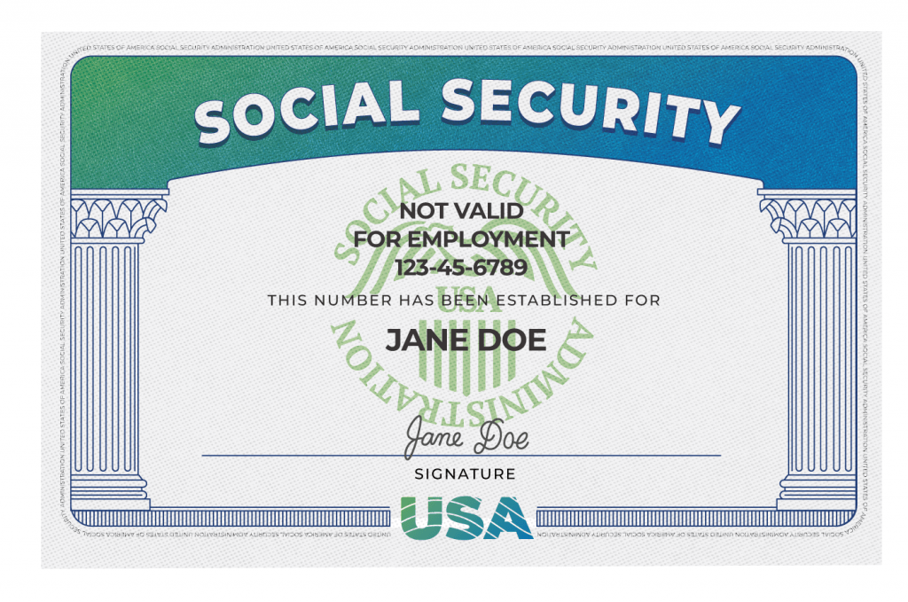 Social Security Card with Social Security Number, Jane Doe's name, and not valid for employment designation.