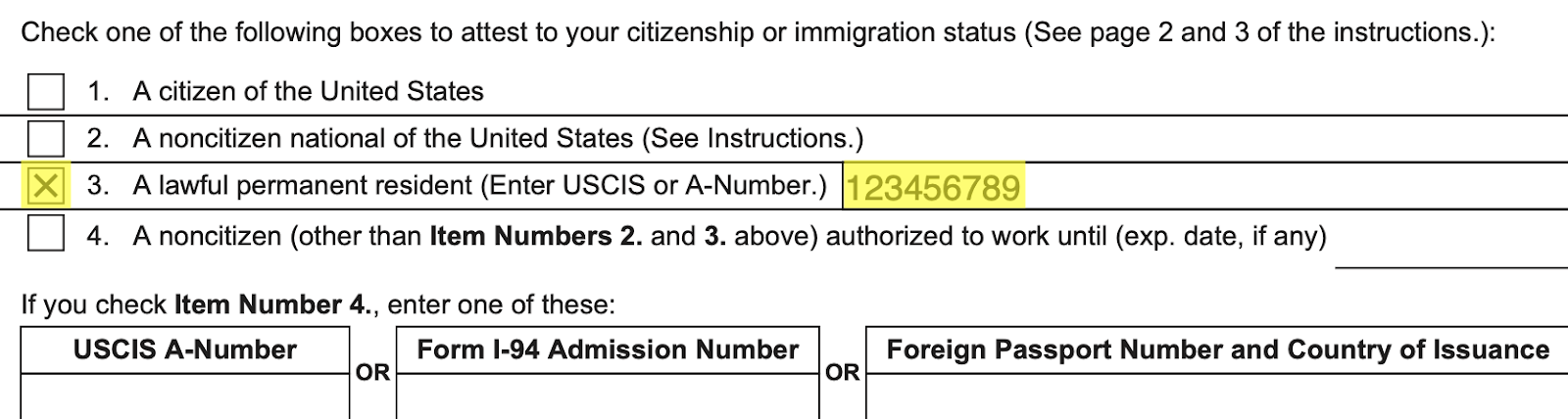 Form I-9's Section 1 Citizenship and Immigration area with a checkmark in the box next to option 3 for a lawful permanent resident, plus the new hire's USCIS number.