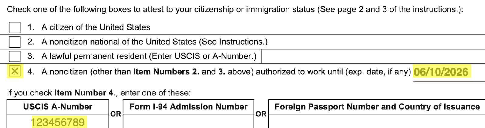 Form I-9's Section 1 Citizenship and Immigration area with a checkmark in the box next to option 4 for a noncitizen, plus the new hire's work authorization expiration date and USCIS number.
