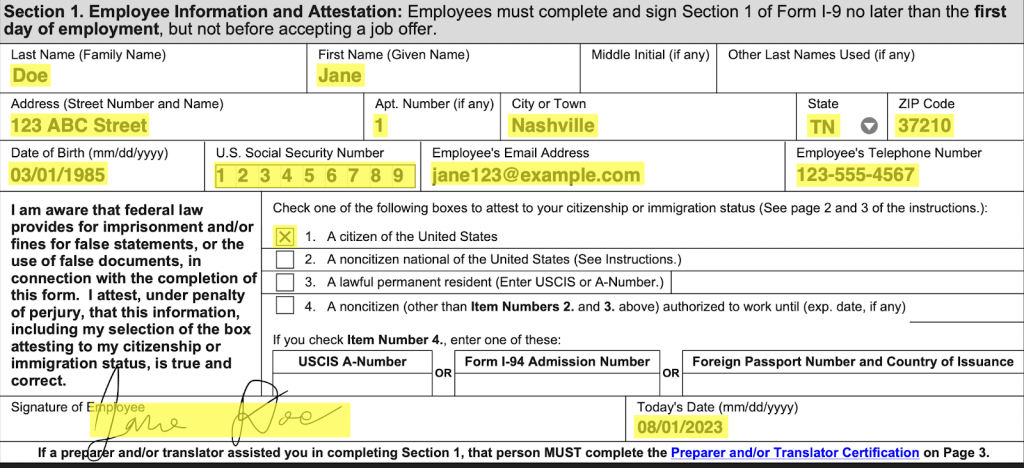 Section 1 of the I-9 form with completed fields for employee contact information, citizenship or immigration status, and signature of employee attestation.
