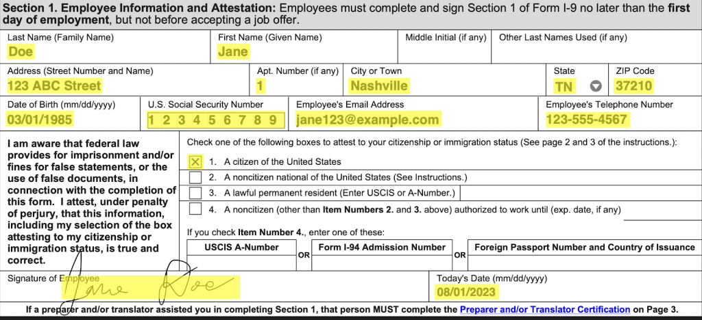 Examples Of Completed Form I 9 For Stanford 52 OFF