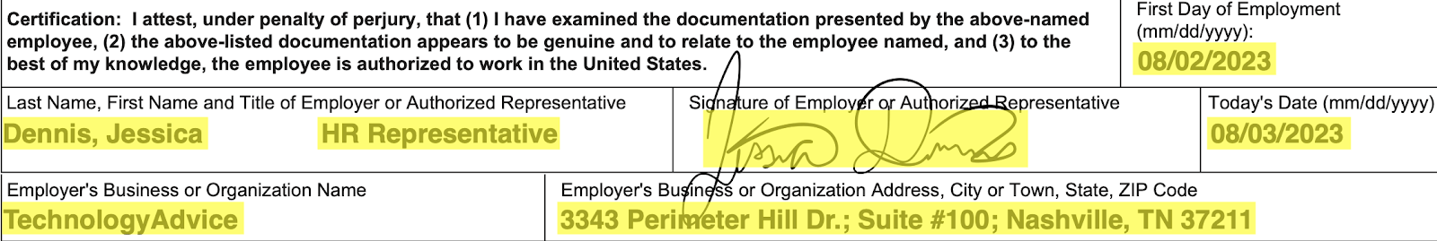 Form I-9's Section 2 Employer Certification area with fields for the new hire's start date, full name and title of the authorized representative, signature, today's date, and business address completed.