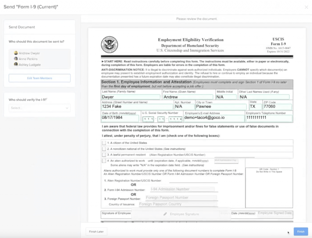 The GoCo platform shows Section 1 of the I-9 form with highlighted fields to fill out.