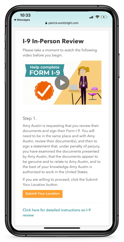 The mobile WorkBright platform shows a cartoon thumbnail of an office worker with step 1 instructions on how to verify a new hire's I-9 documents.