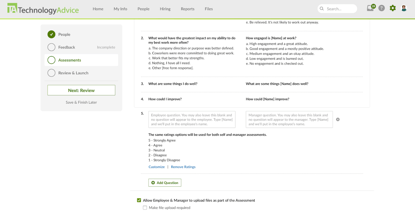 BambooHR displays a dashboard to create custom performance review questions.