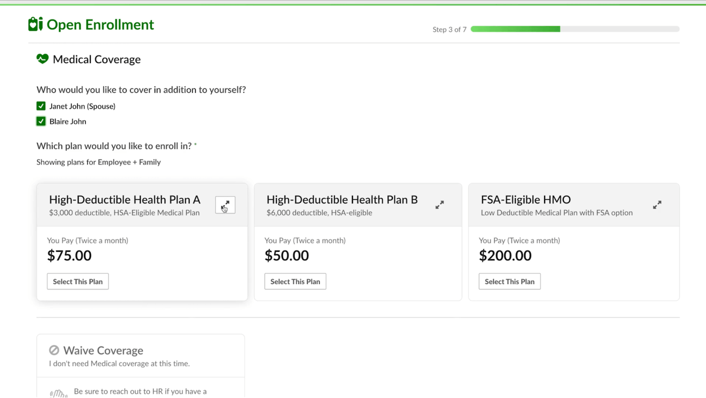BambooHR displays employee benefits options.