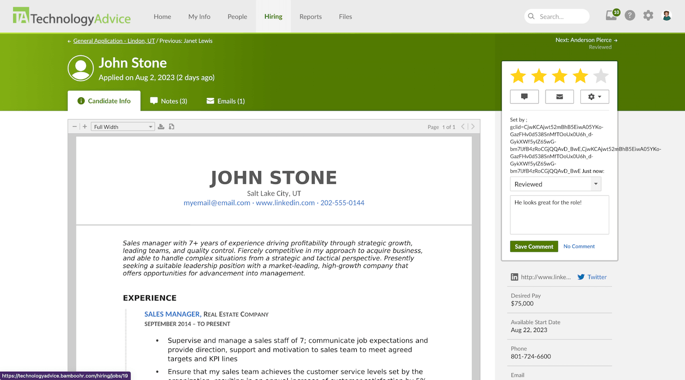 BambooHR displays a resume in a candidate's profile.