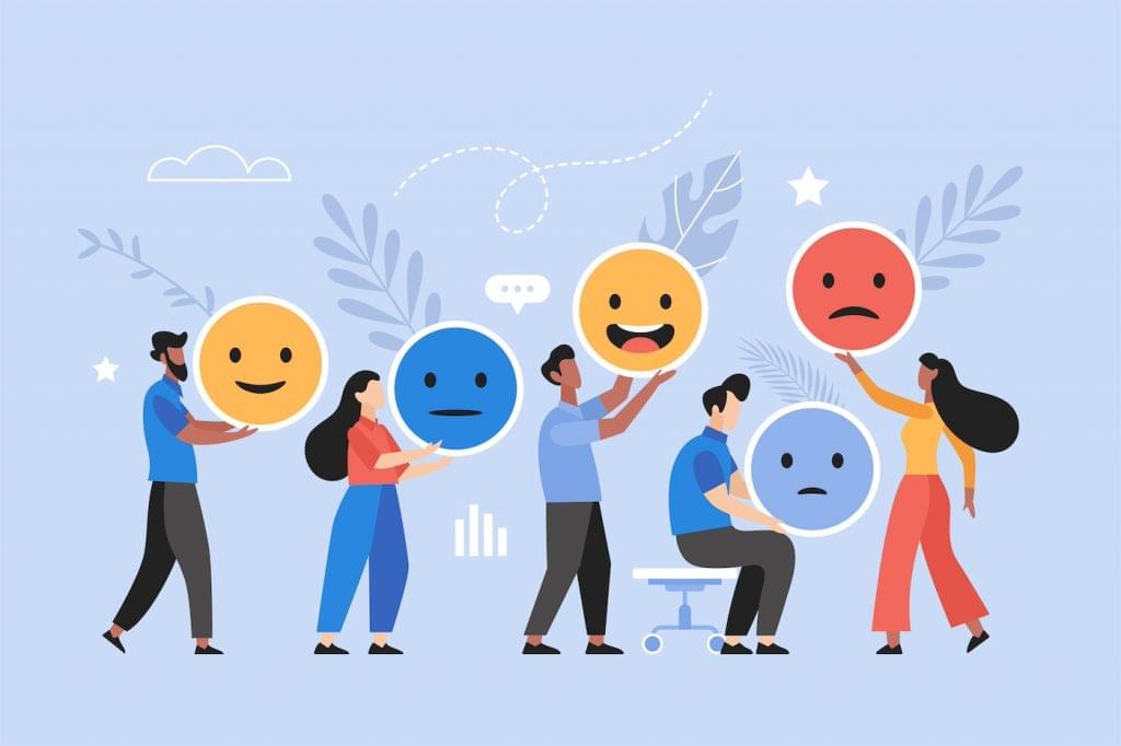 Illustration of employees holding emoticons representing various measurements of employee satisfaction.