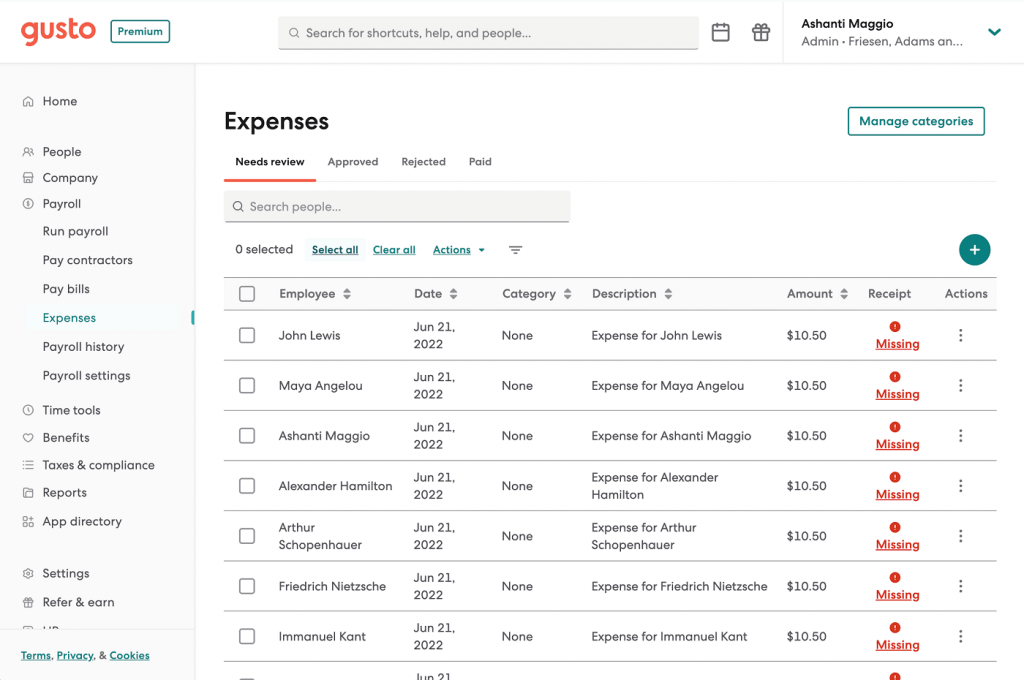 Gusto displays its needs review expenses dashboard with a list of submitted employee expenses for reimbursement with sub-tabs for approved, rejected, and paid expenses.
