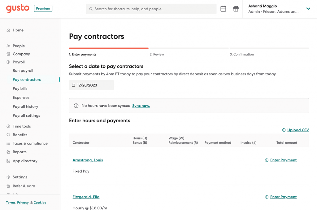 Gusto displays its pay contractors dashboard with a list of contractors plus fields to enter payment amounts and schedule dates.