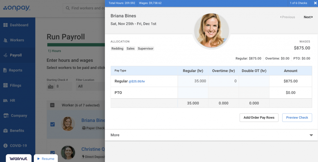 OnPay displays a sidebar window with a detailed breakdown of regular, overtime, and PTO hours plus total gross earnings for an hourly employee named Briana Bines.