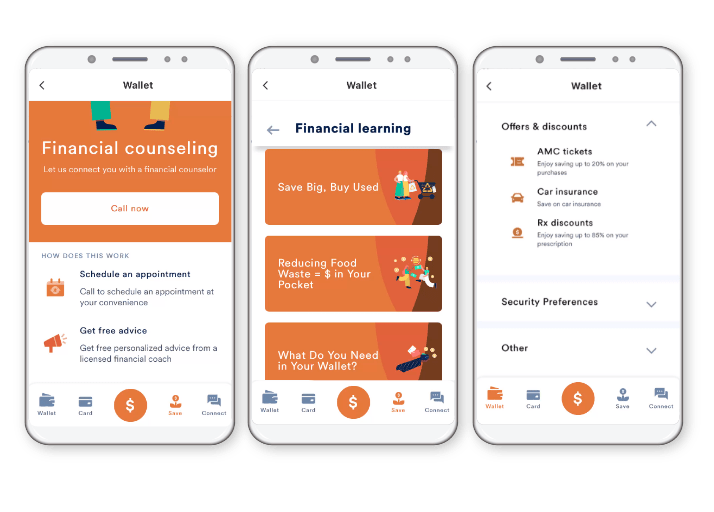 Three side-by-side mobile phones display views of Paycor's app; the first shows buttons to schedule an appointment with a financial counselor; the second shows three financial learning courses like what you need in your wallet; the third shows available offers and discounts.