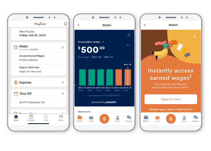 Three side-by-side mobile phones display views of Paycor's app, with two views showing an employee has $500 in earned wage access and the third view showing a button to apply for a Paycor Visa Card.