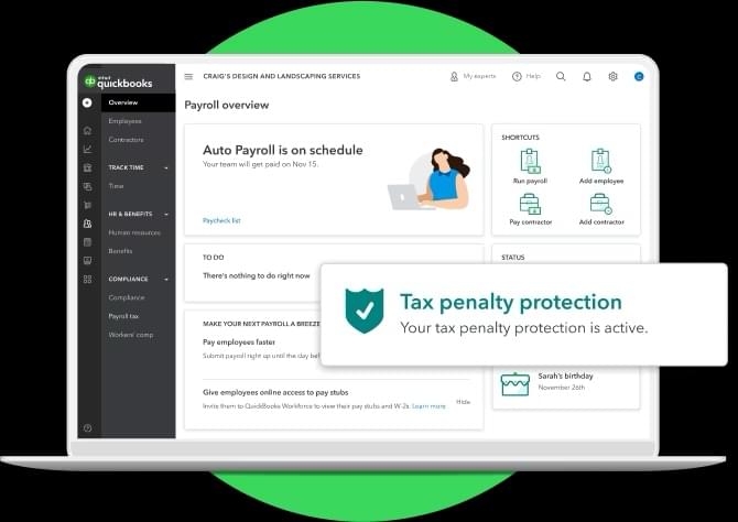 QuickBooks displays a payroll overview dashboard with cards reading that auto payroll is on schedule and that tax penalty protection is active.