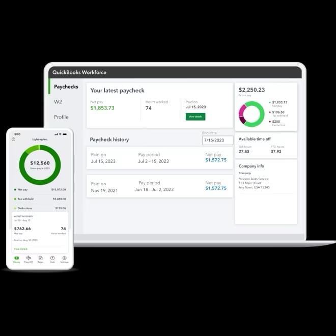 QuickBooks displays an employee's paycheck dashboard on a desktop computer and a mobile phone, with the employee's net pay, total hours worked, and pay date for their latest paycheck.