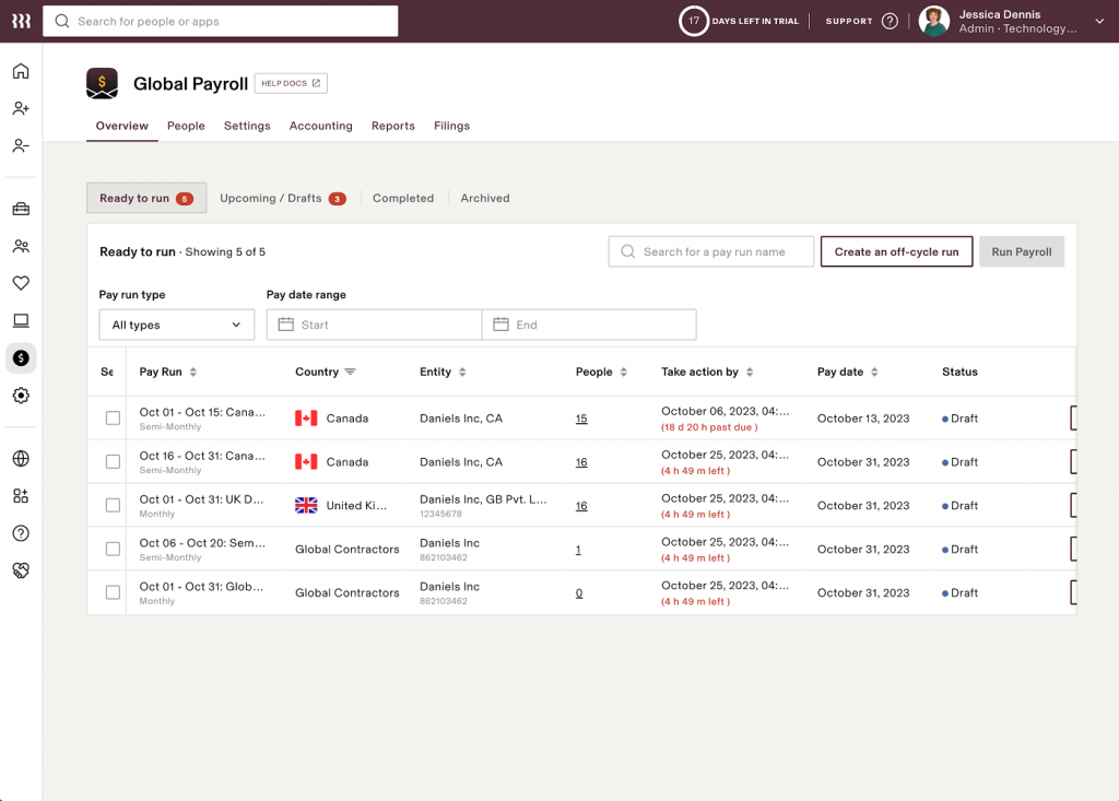 Rippling displays its global payroll dashboard with a list of upcoming pay cycles in October for all global contractors plus employees in Canada and the UK.