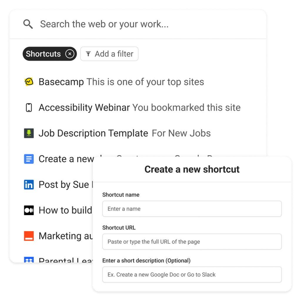 Assembly displays a list of shortcuts for several integrated platforms, including Basecamp, ZipRecruiter, and Google Docs, and a dialogue box to create a new shortcut.
