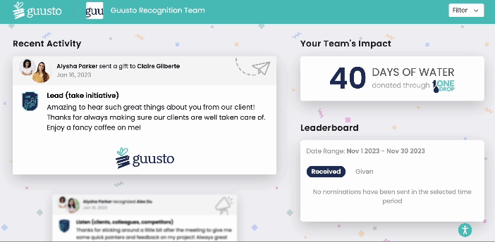 Guusto's TV display shows widgets for recent activity, team impact, and a leaderboard.