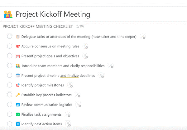 A ClickUp checklist for a project kickoff meeting, outlining various tasks and objectives.