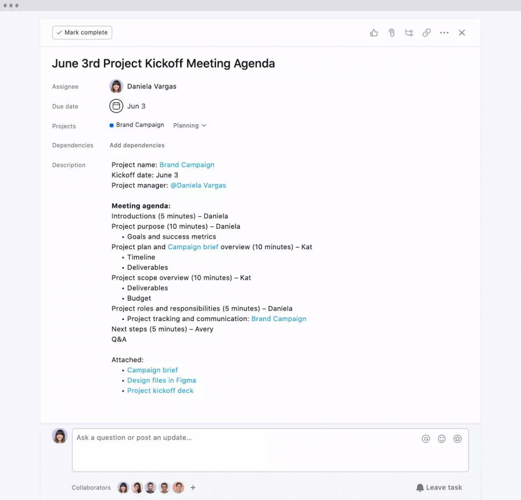 A detailed project kickoff meeting agenda from Asana featuring sections like objectives, team introductions, and timelines.	