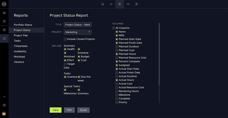 Screenshot of a project status report interface, displaying metrics like Portfolio Status, Project Plan, and Tasks.