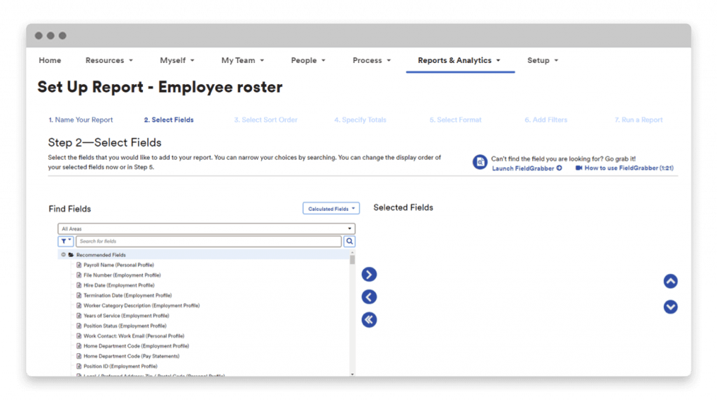 ADP displays a dashboard for configuring fields on an employee roster report.