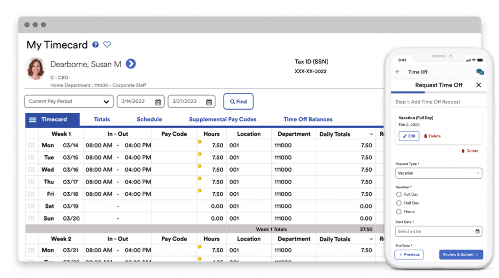 ADP displays an employee's timecard on a desktop window and a time off request form on a mobile app.