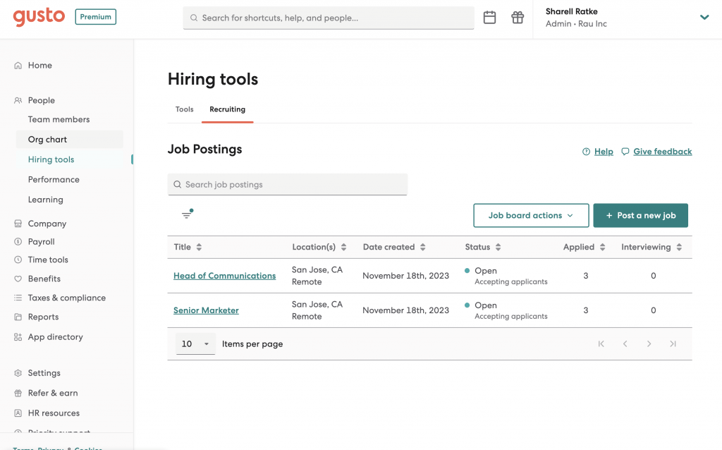 Gusto displays a recruiting dashboard with a list of active job openings plus buttons to edit and post new jobs.