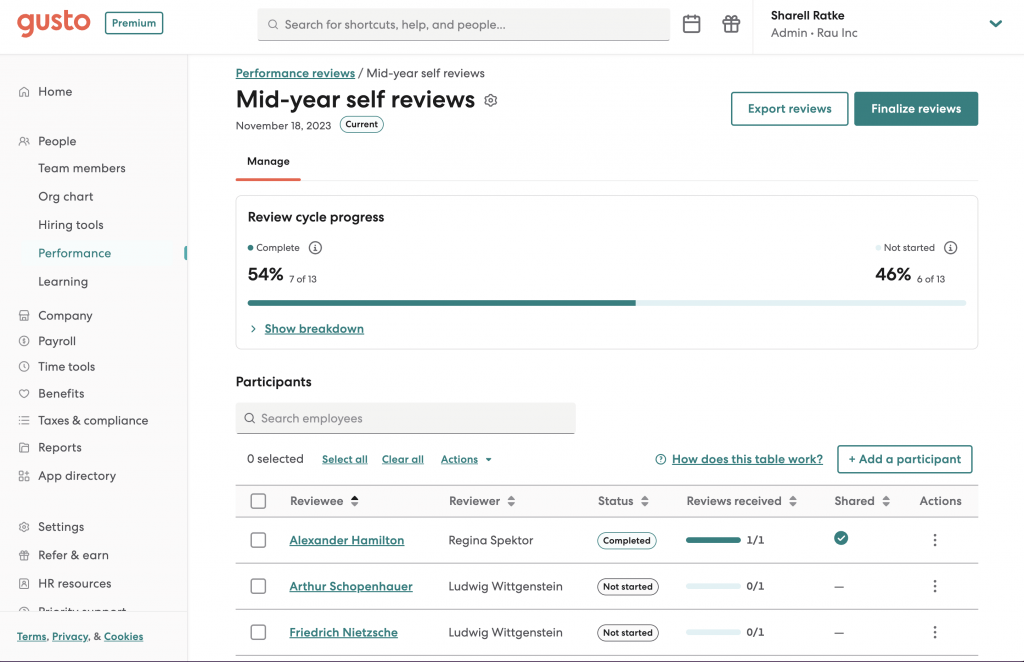 Gusto displays a dashboard for mid-year self reviews with a progress bar at the top and a list of review participants below.