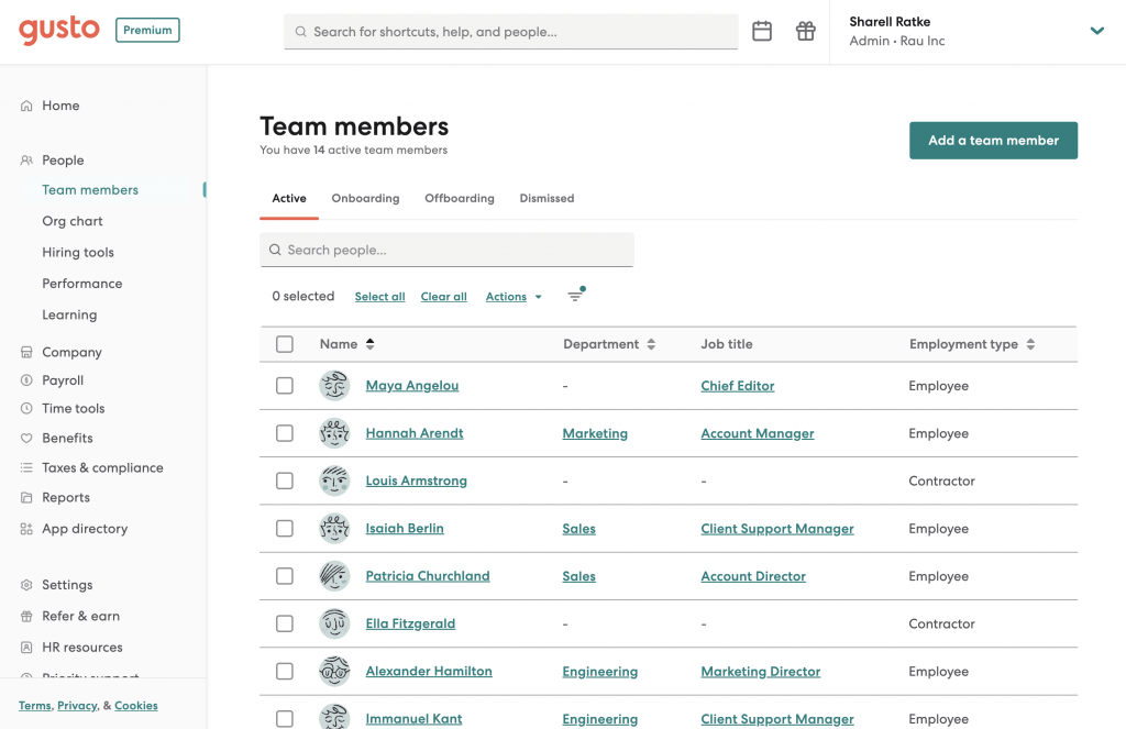 Gusto displays a roster of active employees by name, department, job title, and employment type.