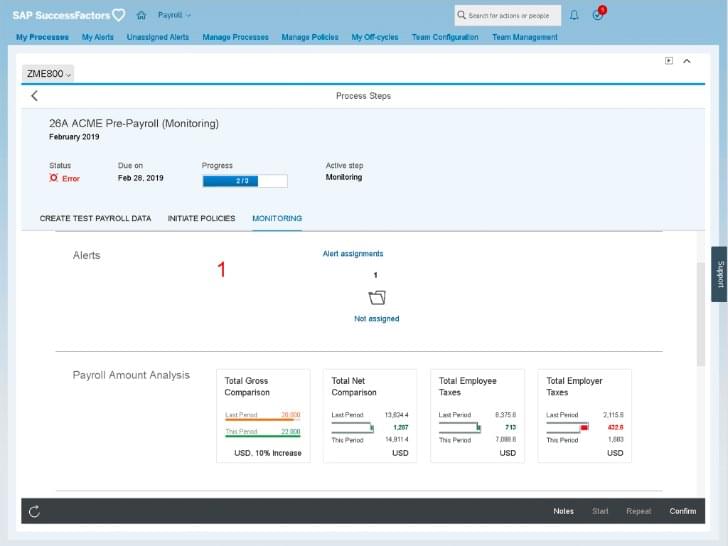 SAP SuccessFactors displays dashboard with test payroll information for ACME company, including an error alert and metrics for total gross comparison, total net comparison, total employee taxes, and total employer taxes.