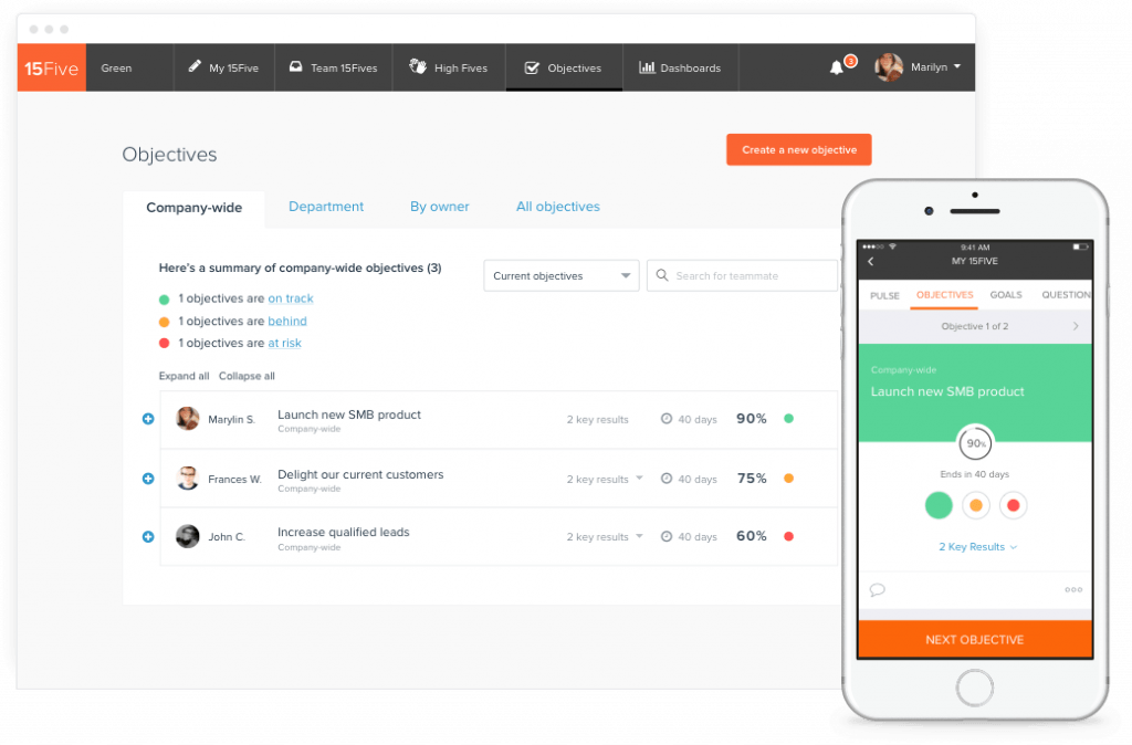 15Five displays a dashboard with a summary of company-wide performance against 3 main objectives.