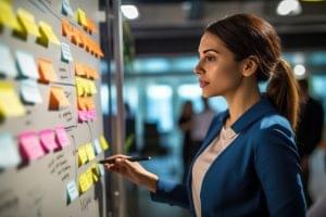 Woman analyzing project management using sticky notes.