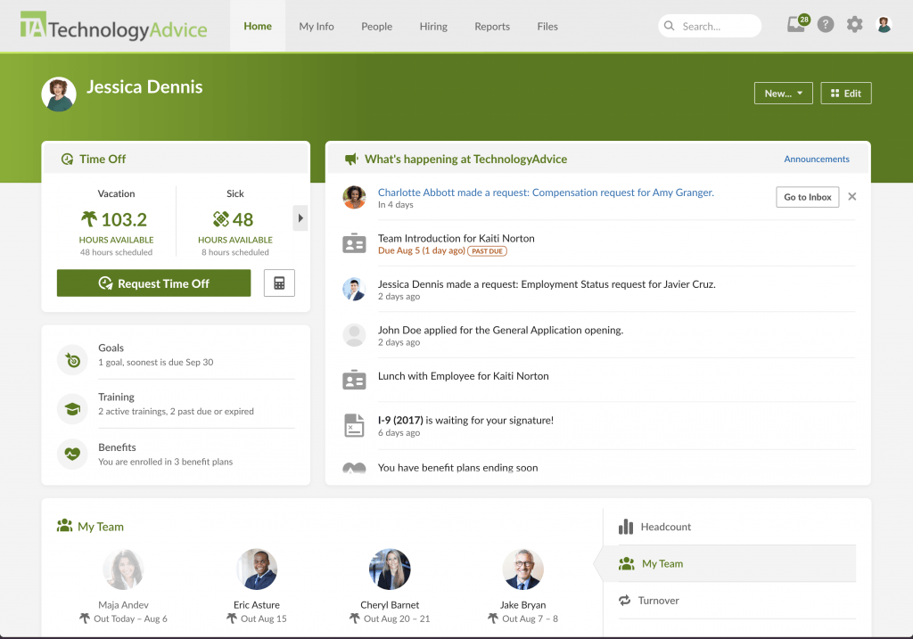 BambooHR homepage shows a list of to-dos on the right and views of goal progress, active trainings, benefit enrollments, and PTO accruals on the right, plus a button to request time off.