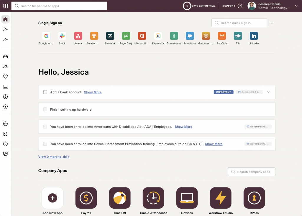 Rippling's home screen displays Rippling apps like payroll and time off; outstanding tasks for an employee named Jessica; and external single sign-on apps like Google, Slack, and Salesforce.