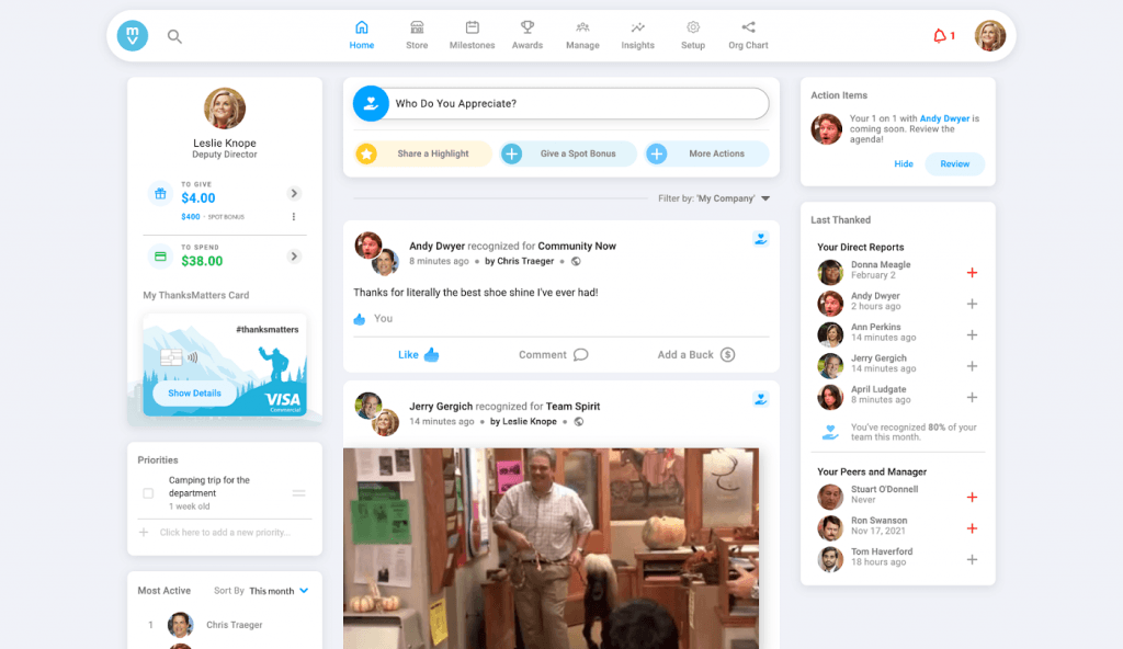 Motivosity displays the home feed with social recognition posts that depict employees appreciating one another.